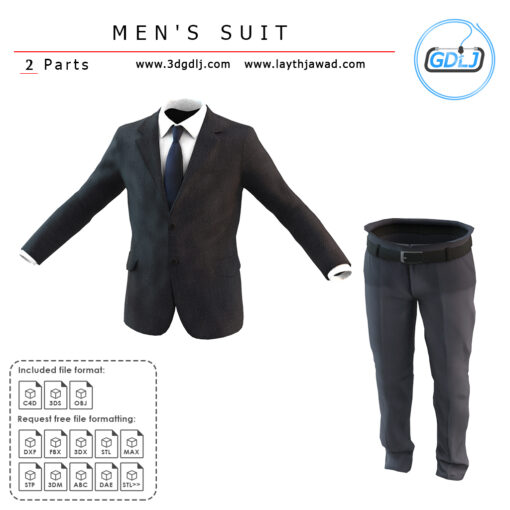 3D model of an elegant blue men's suit for animation and design, showing realistic folds and details