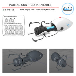 3D printed Portal Gun model in gray and white plastic, assembled and displayed on a desk