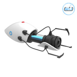 3D printed Portal Gun model in gray and white plastic, assembled and displayed on a desk