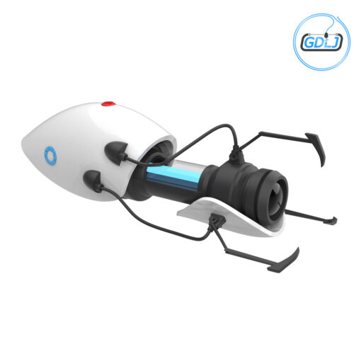 3D printed Portal Gun model in gray and white plastic, assembled and displayed on a desk